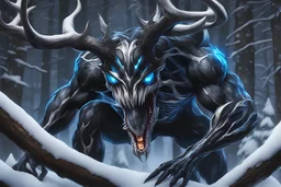 Venom Shadow symbiote in 8k realistic anime drawing style, Deer skull, non-eyes, blue neon crystal Antlers, fantasy snow forest, intricate details, highly detailed, high details, detailed portrait, masterpiece,ultra detailed, ultra quality
