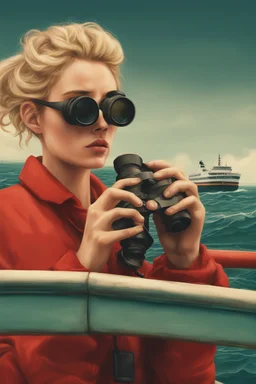 23 years old girl, with blond hair and a messy bun. standing on in a red boat, wearing red clothes and looking trough binoculars watching something in the middle of the sea. You see the whole boat. You see the gril in front. It's a ferry. Wes anderson style. In front. Sarcastic