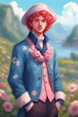kind young sailor, man, red slightly curly hair, long jacket, pink-azure clothes, pink-azure cocked hat, white floral pattern on the jacket, flower in the hair, stardew, valley style