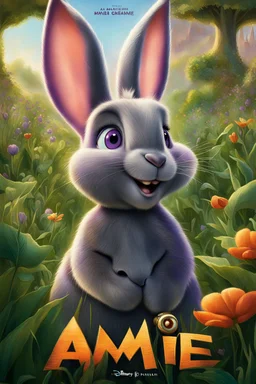 Movie poster for a Disney-Pixar movie called "Amie" about a giant gray flemish giant rabbit with purple eyes and big eyelashes