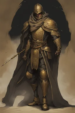 A commander with a black cloak and a long coat with long combat boots and a long spear with his Helmet is golden under his cloak