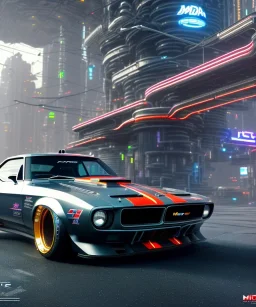 Muscle car in a cyberpunk futuristic city|mdjrny-v4 style| symmetric| intricate detailed| to scale| hyperrealistic| cinematic lighting| digital art| concept art