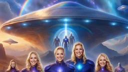 ufos rainbows,beautifuls paysages, fantastic colours,cosmic woman ,beautiful ufos rainbow, admiral from the future, galactic confédération, fine whole face, crystalline skin, expressive purple eyes,rainbow, smiling lips, very nice smile, costume pleiadian, Beautiful tall woman pleiadian Galactic commander, ship, perfect datailed golden galactic suit, high rank, long blond hair, hand whit five perfect detailed finger, amazing big puple eyes, mouth, high définition lips, cosmic happiness, bright