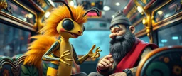 close up portrait of hairy fluffy polymer clay cute happy excited gesticulating alien monster banana wasp squirrel with realistic human colored and textured skin, and long sleek limbs and with studio lights, on a luxury ornate neon buss with strange graphitti and tatooes, talking to a wise man, buss is full of smoke, and bright beams from the sky
