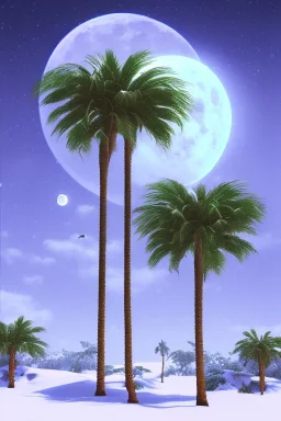 1980's aesthetic vaporwave palm trees with lighting with moon in the winter snow