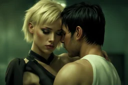 Jason David Frank short dark hair with hugging pretty blonde shorthaired sad girl crying, photo realistic, modern dark fantasy, penthouse