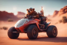 lowpoly yogi bear driving highly symmetric metallic rocket propelled mad max ATV that looks like a helmet with rounded glass bubble roof in red desert, bokeh like f/0.8, tilt-shift lens 8k, high detail, smooth render, down-light, unreal engine, prize winning