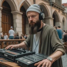 A bearded DJ with a hat on his head at the DJ console, many electronic consoles around, play middle street of medieval city, FRONT VIEW