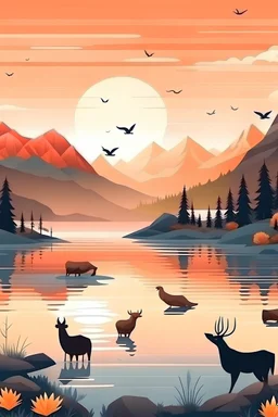 montañas con un gran lago en el medio y animales salvajes a su alrededor en un atardecer de primavera