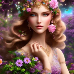 bright fairy, beautiful portrait, flowery landscape