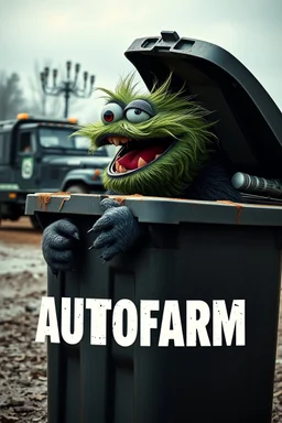 EUROPEAN Oscar the AUTOFARM Grouch SESEME ST CHARACTER IN LARGE GARBAGE TRASH BIN,GARBAGE TRASH BIN, side profile, "GARBAGE TRASH BIN IN FRONT" man in super blackscary (((((autofarm)))))) TITLE in movie poster movie style horror look. as five headed mouth open, rough teeth, turn head around, landrover crash in background(&*&*^%$^#%$#%$^%$#^#$#^%#$^$#