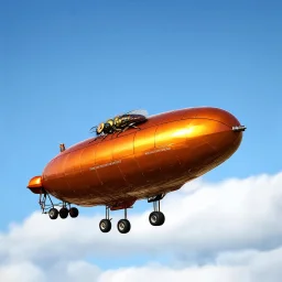 award winning photograph of a steampunk housefly ufo dirigible designed by only one vehicle per image painted metallic orange traveling at a high rate of speed, jet intake off of front center of vehicle and jet exhaust out the rear bilaterally symetrical,