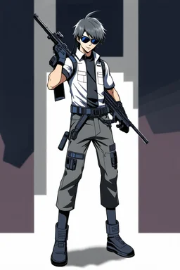 male cyberpunk solo with long hair tail, Norwegian, Wearing Leisureware and mirrored sunglasses, armed with sniper rifle, lean, nice, Anime Style, Retroanime, Video Game Character