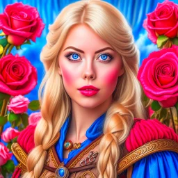 Blue eyed traditional blonde Viking woman art with nature and roses in the background