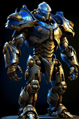 Ironclad stands at an imposing 8 feet tall and is heavily armored with a combination of sleek metallic plating and blue energy accents. Its body is adorned with a polished, reflective surface, giving it a distinct and imposing presence on the battlefield. His waist is snatched. His design is like Nullsector from Overwatch