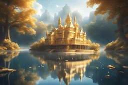 magical golden school floating over a lake surrounded by forest with diamonds on top and golden guards around