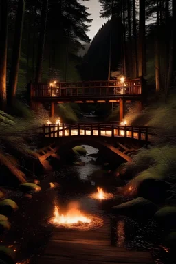 A wooden bridge above a river in the forest at night with fire torches on each side