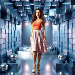 make a picture pretty stage made of metallic blue-gray teme 3d recursive cubic and sphere and cylinder base structures and a beautiful fashion model lady standing with cute in scene with sexy top and pretty pleated midi skirt ,makeup curvy long hair,dynamic camera zoom to full body and pan, dynamic lights.