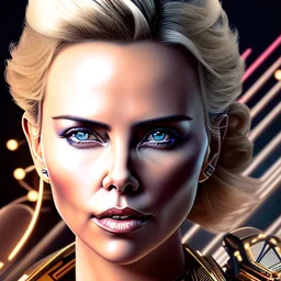 Charlize Theron, Cyborg samurai, cyberpunk, white skin, light blonde hair, geisha hairstyle, cobalt eyes, waist up portrait, 8k resolution, retroanime, intricate details, neon details, soft lighting, vibrant colors, masterpiece, intricate eyeliner, dark eyeshadow, eyes, intricate tattoos, gradient background