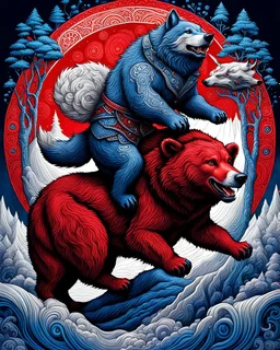 Wolf antropomorfico montado un oso gigante, arte lineal colores rojo, plateado, azul y blanco, maximalista, hiperdetallado