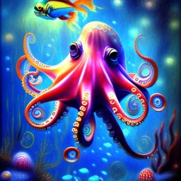 beautiful mystical underwater octopus, seashell, fish, high quality, acrylic paints, pastel colors, by Renoir, intricate,