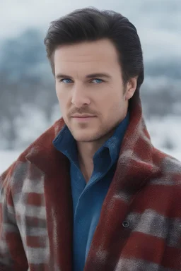 Blue eyes, close-up facial portrait - a Bright, well-lit UHD, 1080p 32k, photograph - winter time, hunting season, part Jesus Christ, part Elvis Presley with a mustache and short crew-cut hair, part Lee Majors, Part red and black checkered wool coat, blue jeans, cowboy boots, plaid shirt, sunbursts, crosses, 3D lighting, diamonds, hearts, Butterflies, Clovers, Roses, extremely colorful,