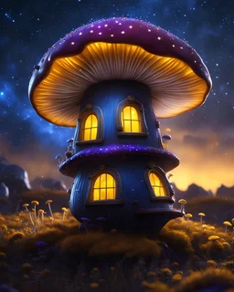 An illogically floating mushroom house on a clear night. white yellow blue, Stars Dark cosmic interstellar. Detailed Matte Painting, deep color, fantastical, intricate detail, splash screen, hyperdetailed, insane depth, concept art, 8k resolution, trending on Artstation, Unreal Engine 5, color depth, backlit, splash art, dramatic, High Quality Whimsical Fun Imaginative Bubbly, perfect composition