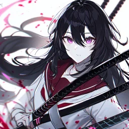 Clear focus, High resolution, rough line sketch art, long black hair, hair between eyes, fluffy hair, purple eyes, wearing a black and red sailor uniform, dark aura, mad, holding katana, bloody mess