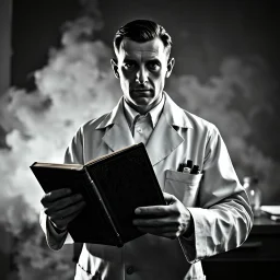 A ww2 german scientist in a lab coat holding a demonic grimoire