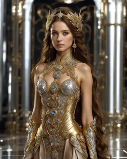 Photography,girl,full body,looking front view,brown long hair, gown dress mechanical,delicate gold and full diamonds colors crystal jewelrys,silver metalic parts, golden parts, intricate armor, detailed part,Movie Still