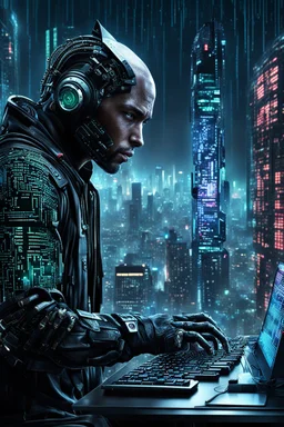 cyberpunk programmer black_Cat-human hybrid_Typing_on_computer_background binary codes, surrounded_by_mindent_3D_binary matrix codes and neutron mesh_etheral, Paranoid_sci-fi_in background_a_tall_cyberpunk_city, the cat hacker watchings monitor, Hyperrealistic texture, high detail, Sinister, cold dynamic lighting, dark-neon colors, Ultra_HD_intense_focus