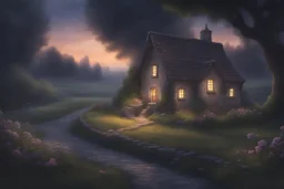 A special dusk with a little cottage where the light twinkles and a fairy rests