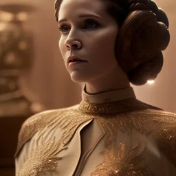 extremely detailed 8k hyperspace wallpaper,complete and photo realistic detailed head to waist stunning photo realistic portrait of carrie fisher as Princess Leia in star wars with photo realistic elegant but fine hair, brown eyes, professional majestic photo realistic painting by Ed Blinkey, Atey Ghailan, by Jeremy Mann, Greg Manchess, Antonio Moro, trending on ArtStation, Intricate, High Detail, Sharp focus, dramatic, by greg rutkowski, realism, beautiful and detailed lighting,