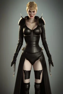 Cersei Lannister as evil dominatrix in black leather and high heeled boots, mistress, busty, cleavage, curvy, lena headay, angry, stern look. character design by cory loftis, fenghua zhong, ryohei hase, ismail inceoglu and ruan jia. unreal engine 5, artistic lighting, highly detailed, photorealistic, fantasy