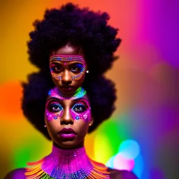 full body shot, masterpiece, best quality, family of three, dark skinned, sparkling eyes, fluorescent skin, colorful makeup, afro, highly detailed body, afrofuturism, scifi, sun light, 4K, RAW, depth of field, high contrast, realistic details, 24mm