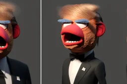 Angry muppet trump, round nose, in suit, eyebrows, spray tan mad