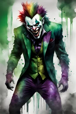 a multicolored, watercolor stained, wall in the background, inspired by all the works of art in the world - laughing - Victor Craven, an extremely muscular vampire werewolf zombie Joker with an emerald mohawk, full body image, wearing a skinsuit, Absolute Reality, Reality engine, Realistic stock photo 1080p, 32k UHD, Hyper realistic, photorealistic, well-shaped, perfect figure,