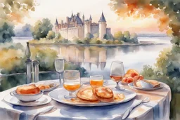 Brunch breakfast on an elegant table in the garden in the background, Castle on the Loire, lake, reflection, sunrise, Misty morning smooth intricate high definition beautiful lighting hard marker pen strokes, watercolor polished warm light