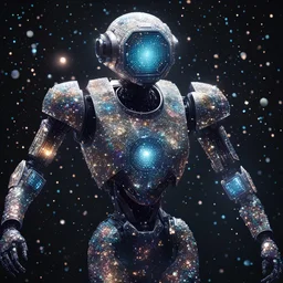 A stunning space robot, its body covered in a mosaic of glittering crystals, gliding through the darkness of the cosmos.