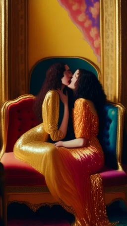 Masterpiece, fine art, award winning, "like Gustav Klimt : the Kiss in a chair" 2 w, RAW photo, eye candy in the style of (petra collins::Robin Eley:1.5), (Suhaila Ben Lachhab::Heidi Moussa:1.5) in breathtaking cinematic shot (full body shot, from below angle) that emphasizes the stunning cheek bones, texturized black hair,(big detailed eyes:1.5) (cottagecore aesthetic:5) with extreme sensuality, Irresistible with (porcelain skin:4.8), sitting on an old chair, retro vintage style