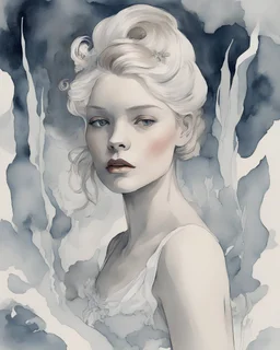 Aubrey Beardsley style watercolor style Alexandra "Sasha" Aleksejevna Luss Listen, when the gang woke up, it was like s trying to do their ballet on a glacier eye candy Full body.