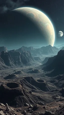 A rocky, barren exoplanet: Depict a desolate, rocky landscape of an exoplanet, showcasing craters, mountains, and a dramatic atmosphere.