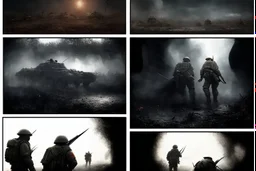 Masterpiece1:5)(Fineart), (award-winning:1.5), highest quality, (ultra realism:1.5) war journalism(,(by Tim Page and Hoorst Faas:1.5))(photorealistic:1.8),RAW pictures (Eastern Ukraine:(panel one:the moment after a battle ends, horrors of war, wounded men),(2nd panel, cinematic shot of men sitting in trench with 1000 yard stare (focus on their eyes:1.5)),(the third panel shows troops tired but hyper alert), (the fourth panel shows the sky is filled with incessant, fire and smoke,)