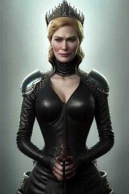 Cersei Lannister as evil queen in black leather, busty, cleavage, curvy, lena headay, angry, stern look. character design by cory loftis, fenghua zhong, ryohei hase, ismail inceoglu and ruan jia. unreal engine 5, artistic lighting, highly detailed, photorealistic, fantasy