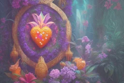 love, high contrast, Tropical flowers,heart drawing, crystals, tropical leaves, sacred altar, Fantasy temple,