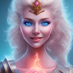 portrait, visage sourire, magicien, grands yeux bleus, fantasy, bleu et rose