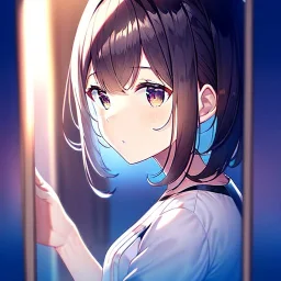 anime girl looking at her reflection in a mirror