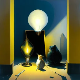 Abstract painting formed by a mix of human flesh-like surgical instruments and universe-like neuralink, a cat looking at a pigeon inside a huge bulb between light and shadow at dusk,surrealism,minimalism,Painting By Adrian Ghenie, Rene Magritte, Salvador Dali, Lucian Freud