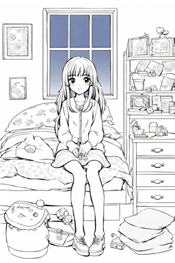 girl bedroom, many objects, line arts, manga style