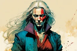 create an imaginative full body print illustration of an ethereal, otherworldly haggard, scarred, and grim, flaxen haired female grandmaster Witcher , in the comic book art style of Bill Sienkiewicz, Mike Mignola, and Jean Giraud Moebius, with highly detailed facial features , finely drawn, colored and inked,